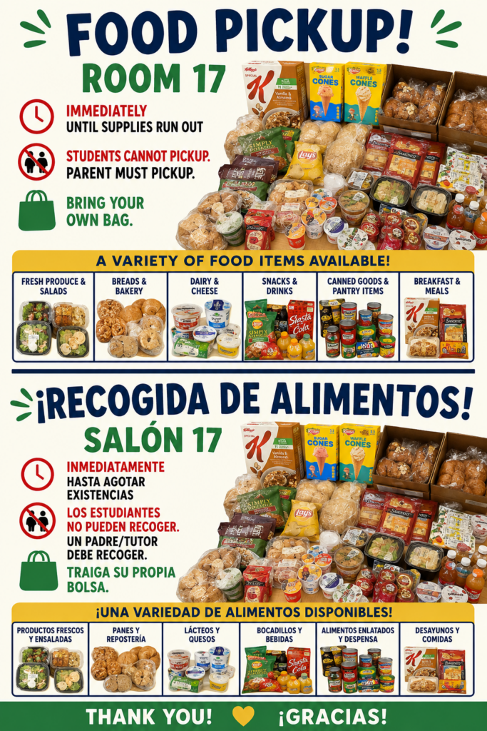 Community food pickup campaign poster featuring bilingual outreach messaging and food distribution information.