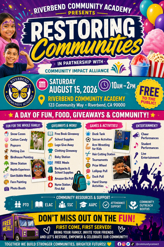 Community outreach event flyer highlighting resources, family engagement, entertainment, giveaways, and support services.